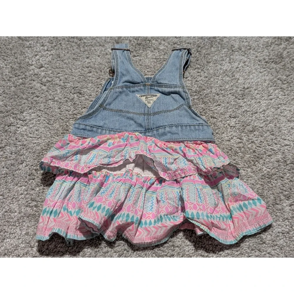 OshKosh Bgosh 12M Denim Overall Dress Tiered Ruffle Geometric Floral‎ Print Blue
